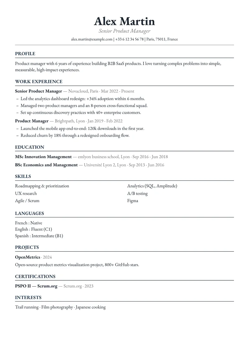 Academy résumé template, classic family, single-column layout