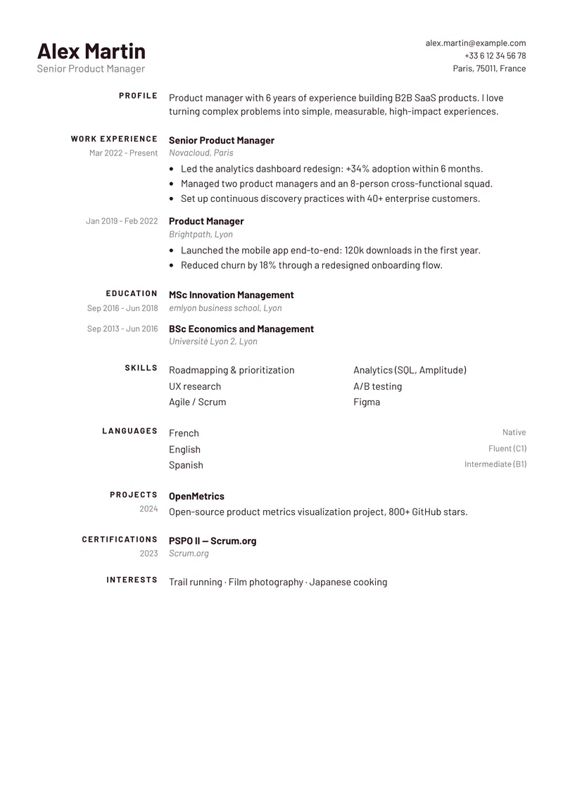 Agency résumé template, simple family, single-column layout