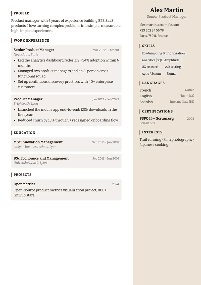Clay résumé template, creative family, sidebar on the right