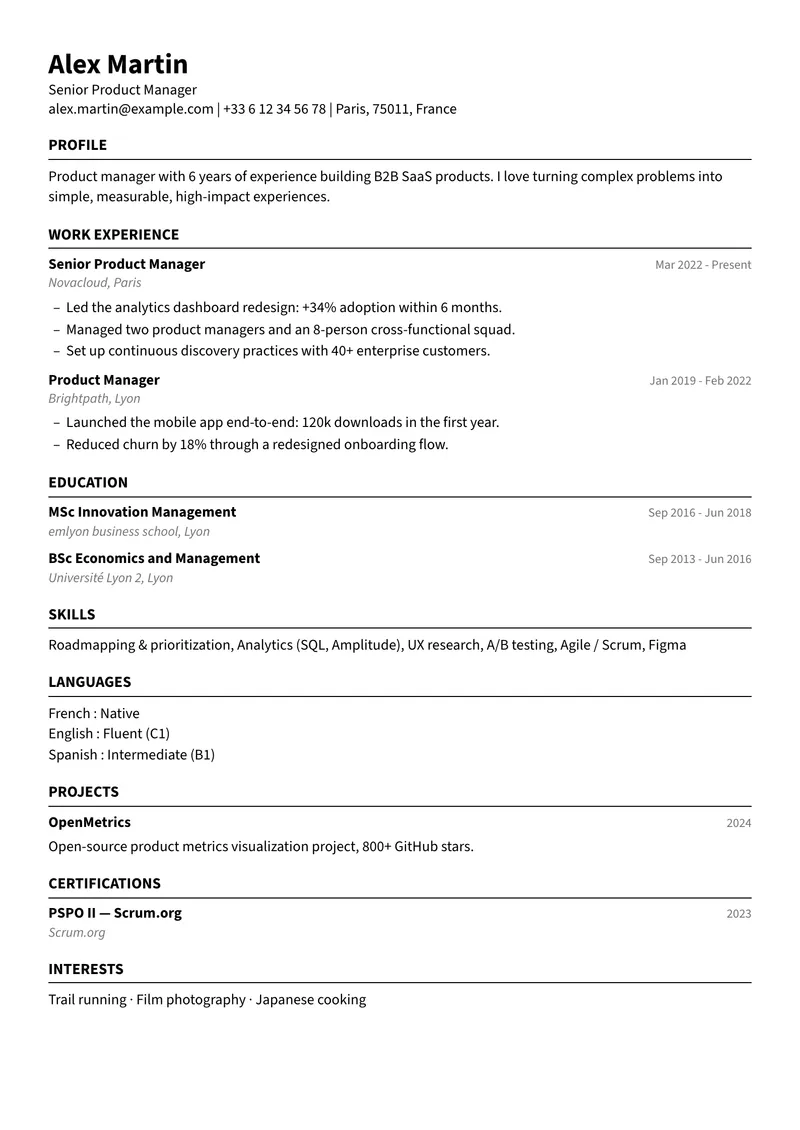 Pure ATS résumé template, simple family, single-column layout