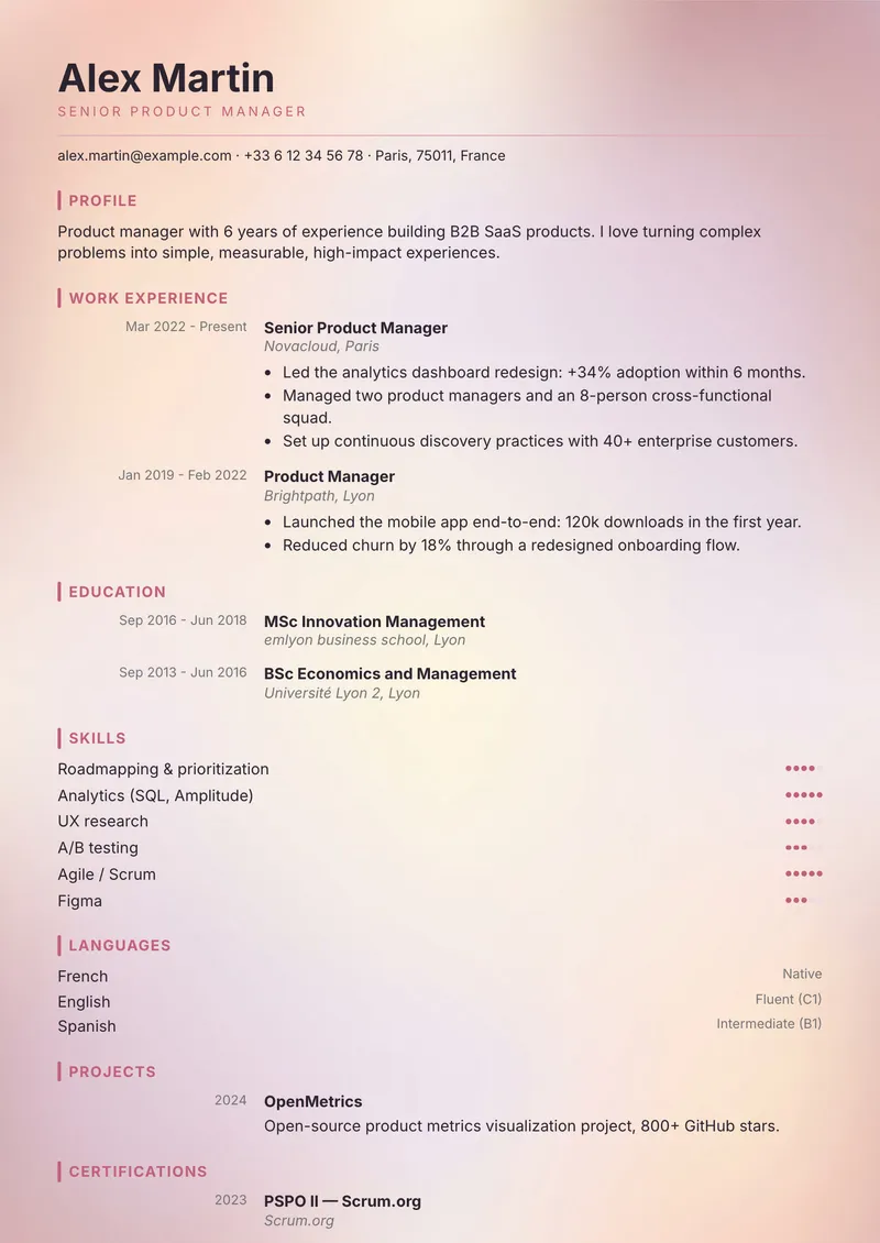 Dawn résumé template, modern family, single-column layout