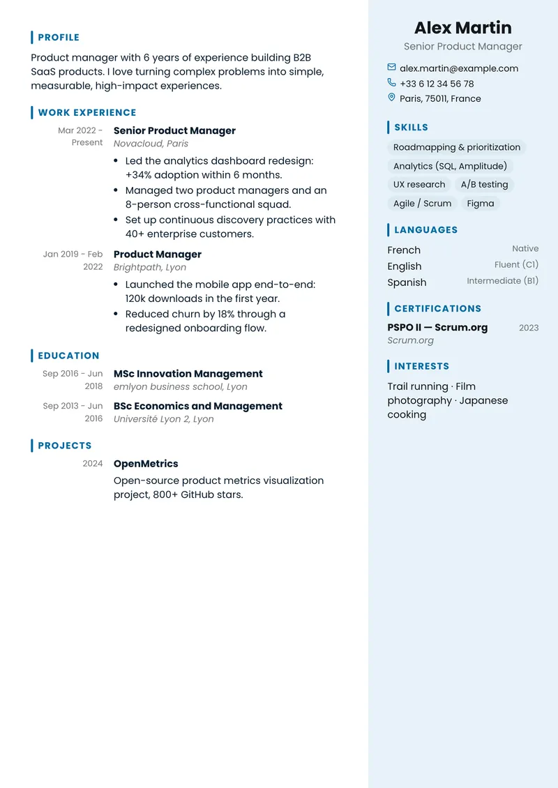 Azure résumé template, modern family, sidebar on the right