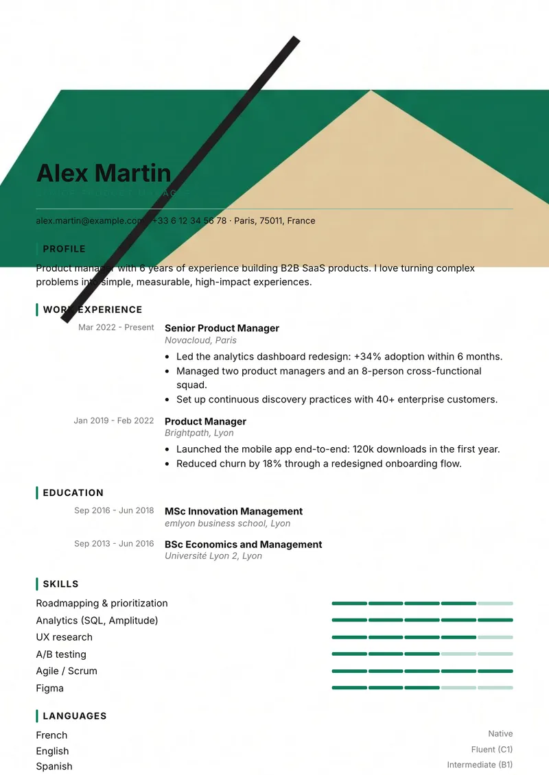 Bauhaus résumé template, modern family, single-column layout