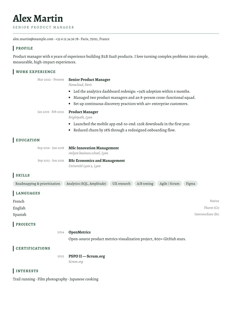 Library résumé template, classic family, single-column layout