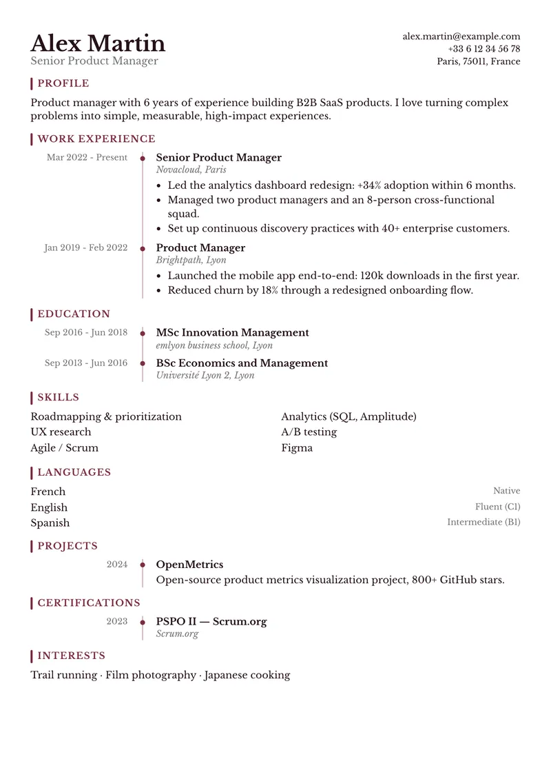 Claret résumé template, classic family, single-column layout