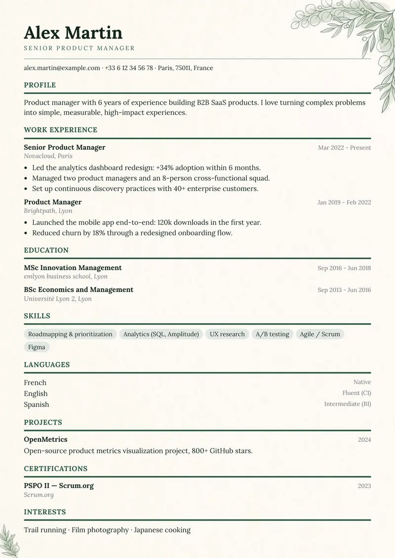 Botanical résumé template, classic family, single-column layout