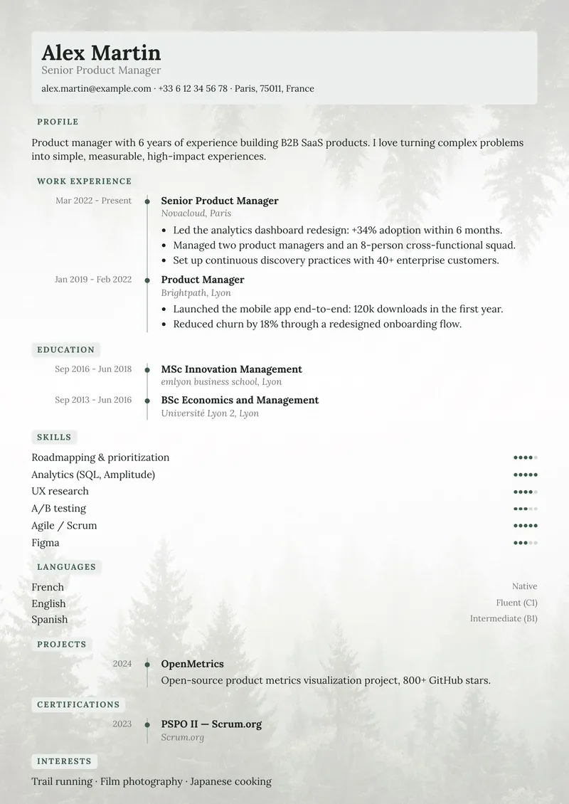 Mist résumé template, creative family, single-column layout
