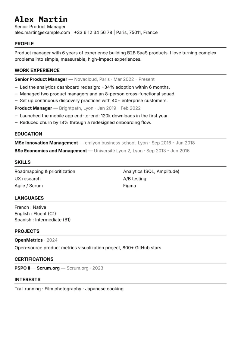 Carbon résumé template, simple family, single-column layout