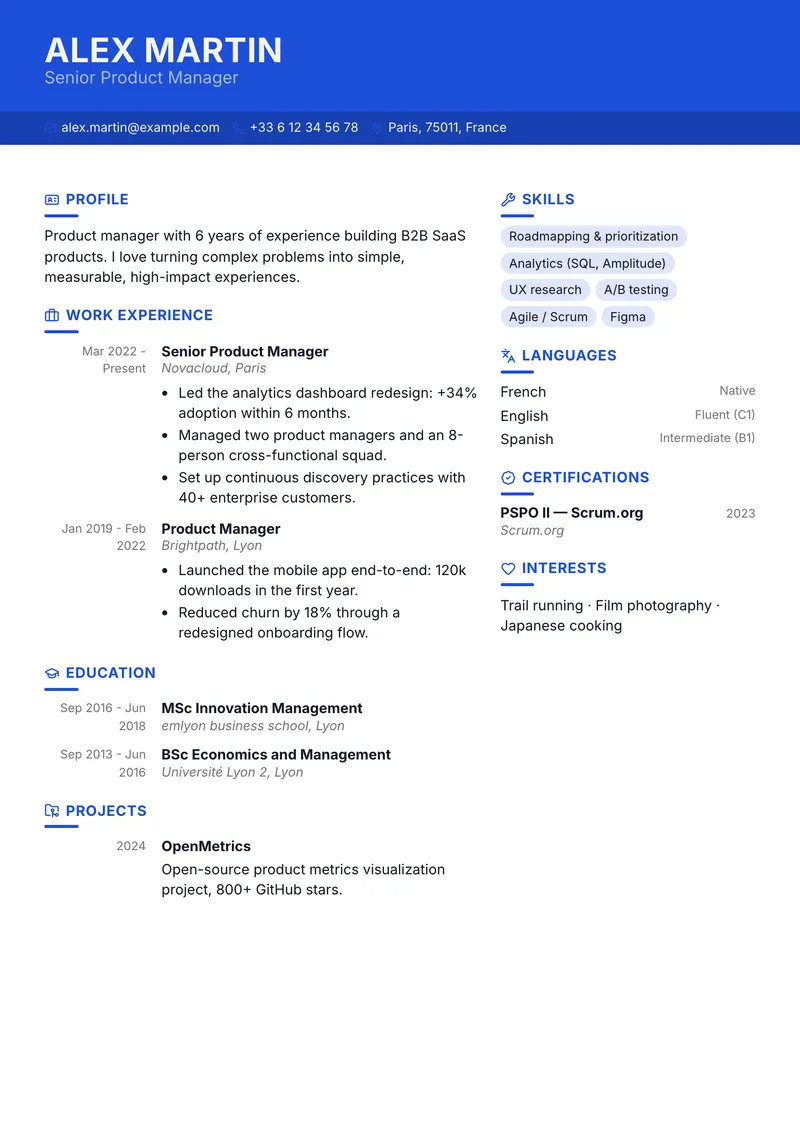 Cobalt résumé template, modern family, two-column layout
