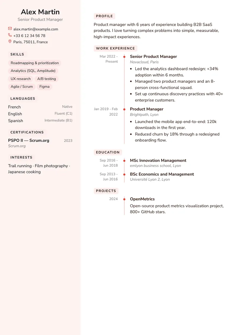 Coral résumé template, creative family, sidebar on the left