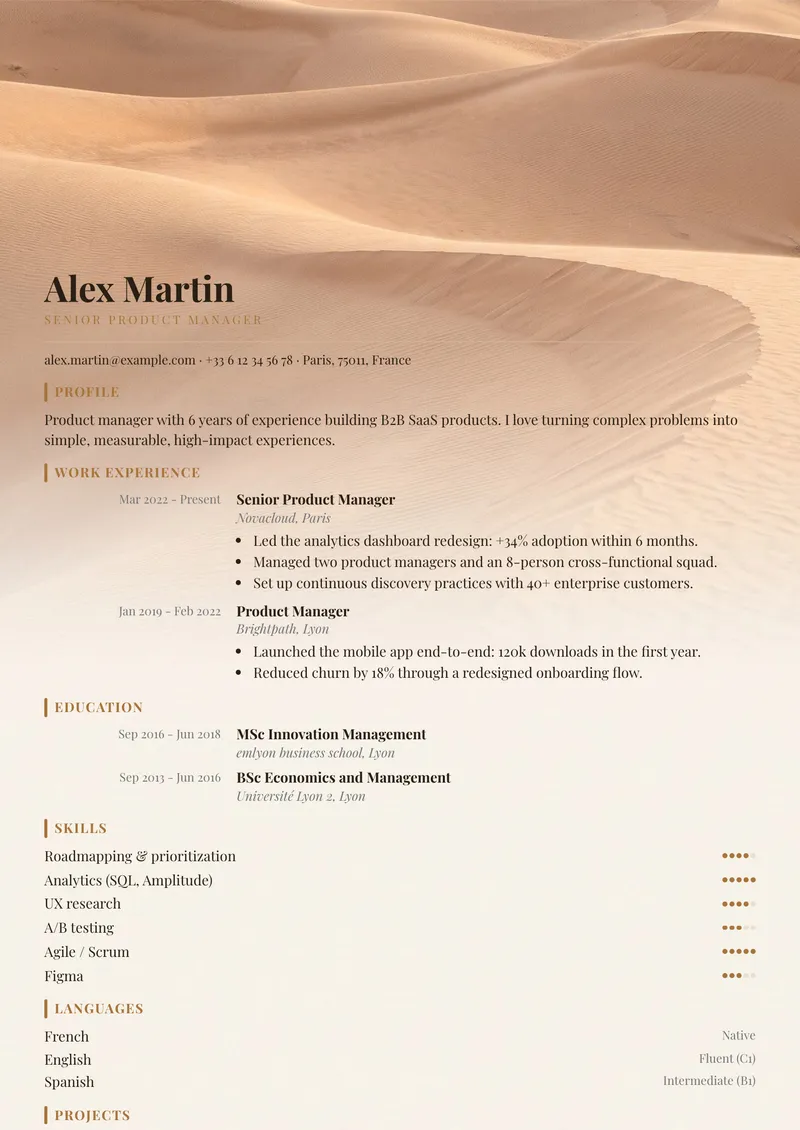Dunes résumé template, creative family, single-column layout