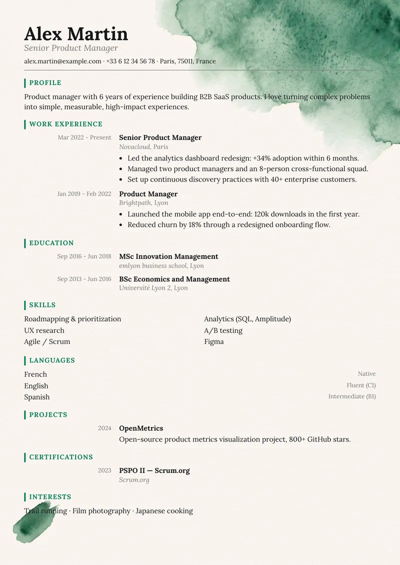 Forest résumé template, classic family, single-column layout