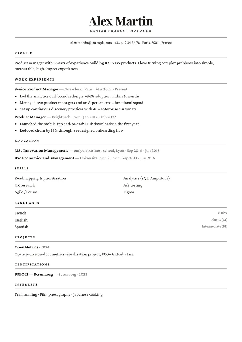 Gazette résumé template, classic family, single-column layout