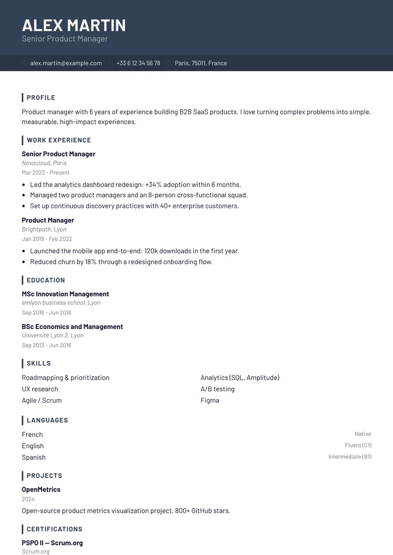 Graphite résumé template, modern family, single-column layout