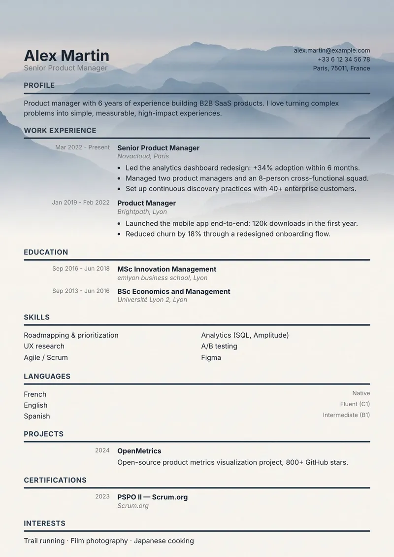 Horizon résumé template, classic family, single-column layout