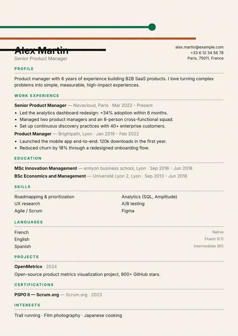Lines résumé template, modern family, single-column layout