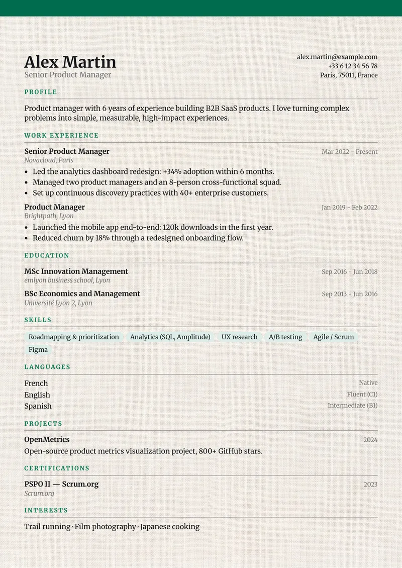 Linen résumé template, classic family, single-column layout