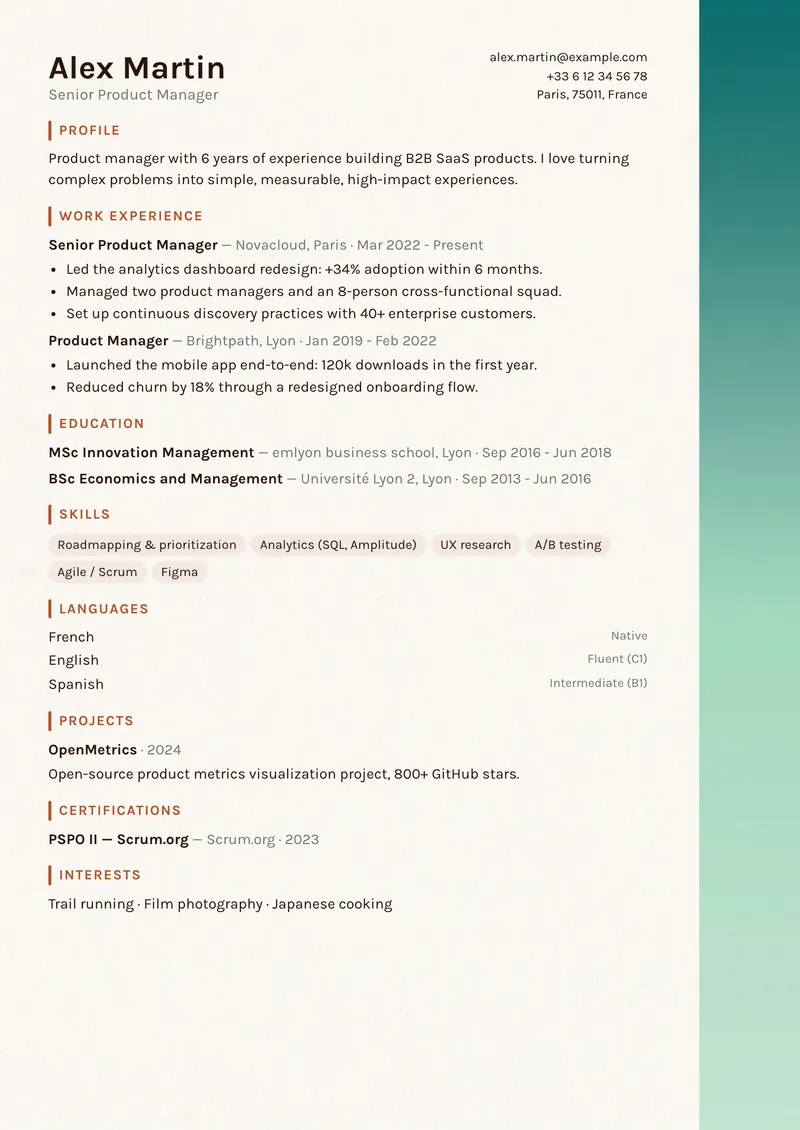 Edge résumé template, creative family, single-column layout