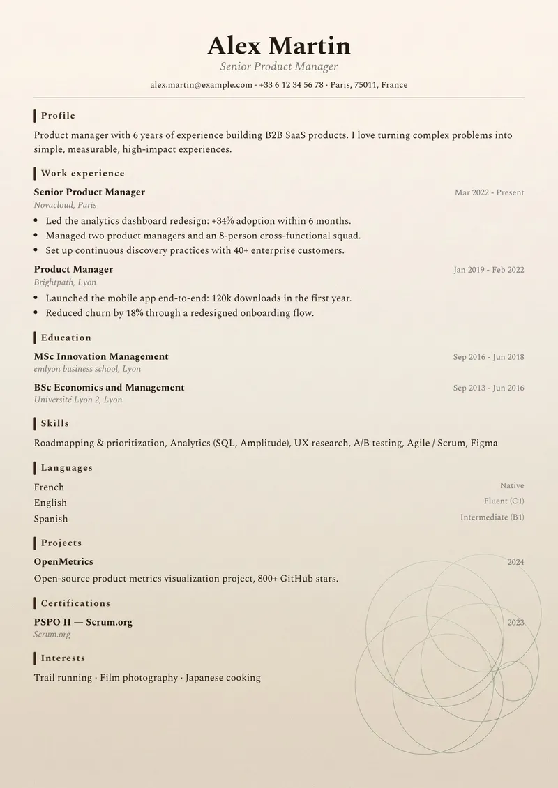 Manuscript résumé template, classic family, single-column layout