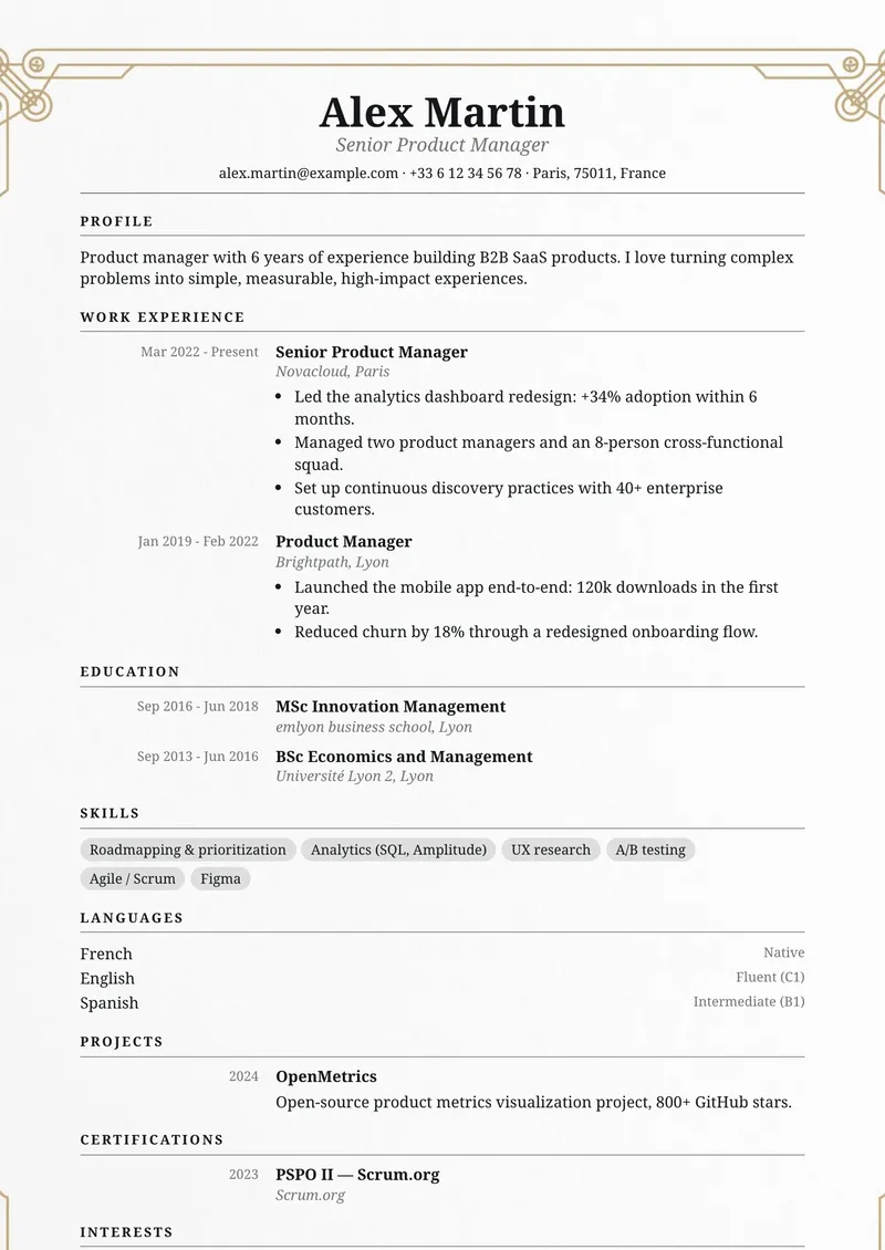 Medallion résumé template, classic family, single-column layout