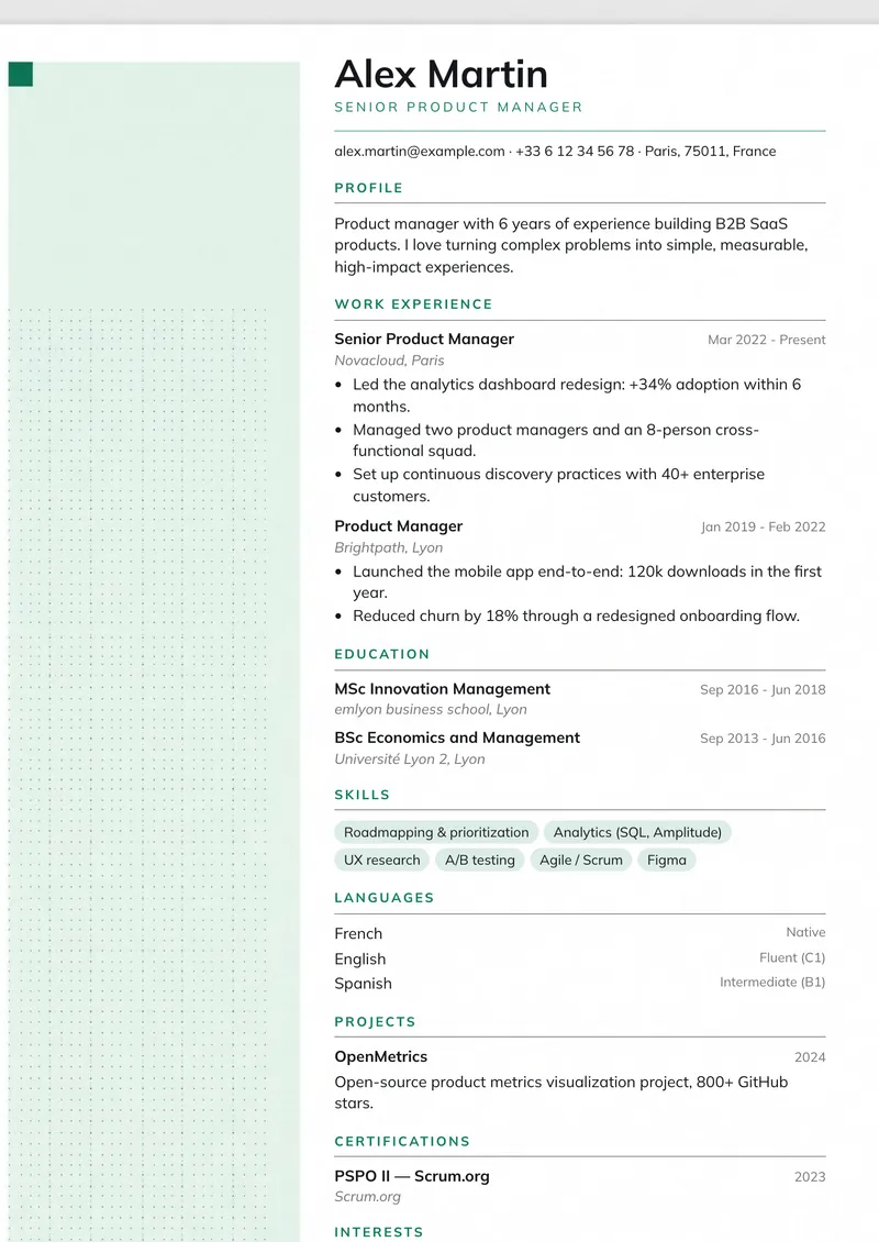 Mint résumé template, modern family, single-column layout
