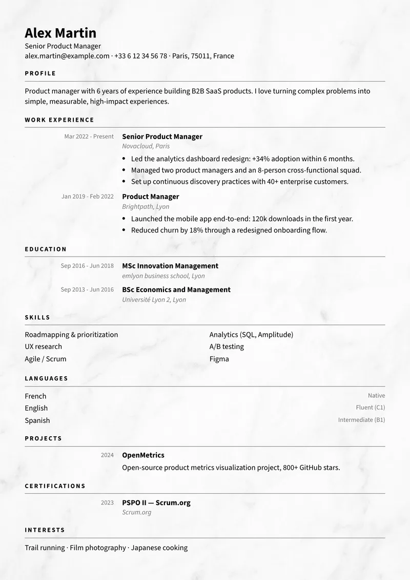 Mineral résumé template, creative family, single-column layout