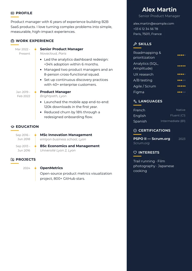 Midnight résumé template, creative family, sidebar on the right