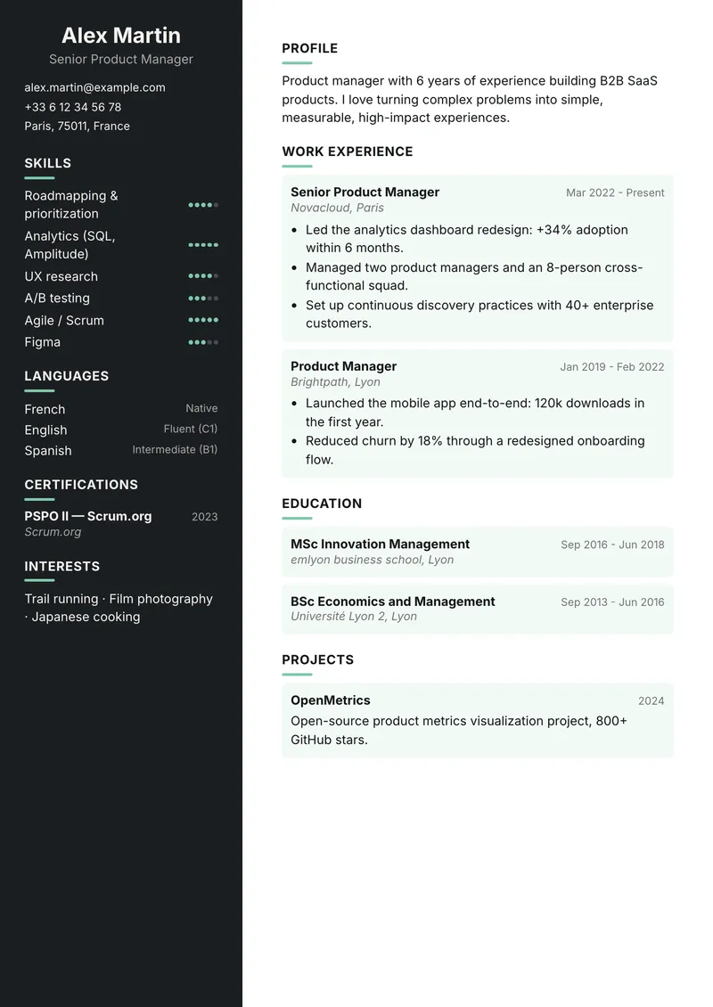 Night résumé template, creative family, sidebar on the left