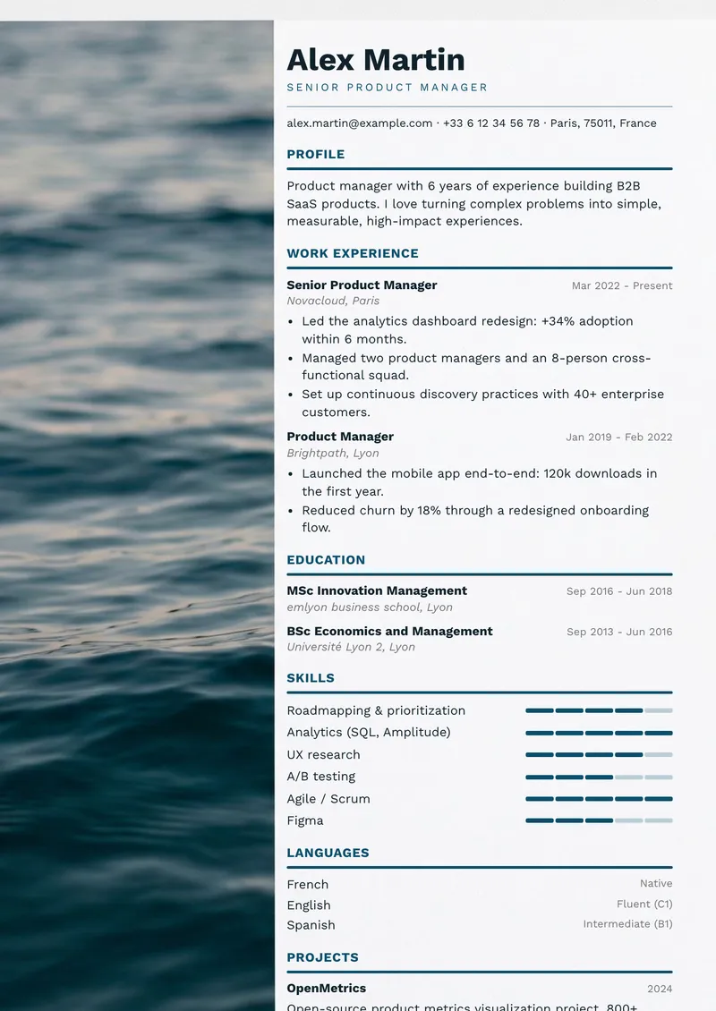 Ocean résumé template, creative family, single-column layout