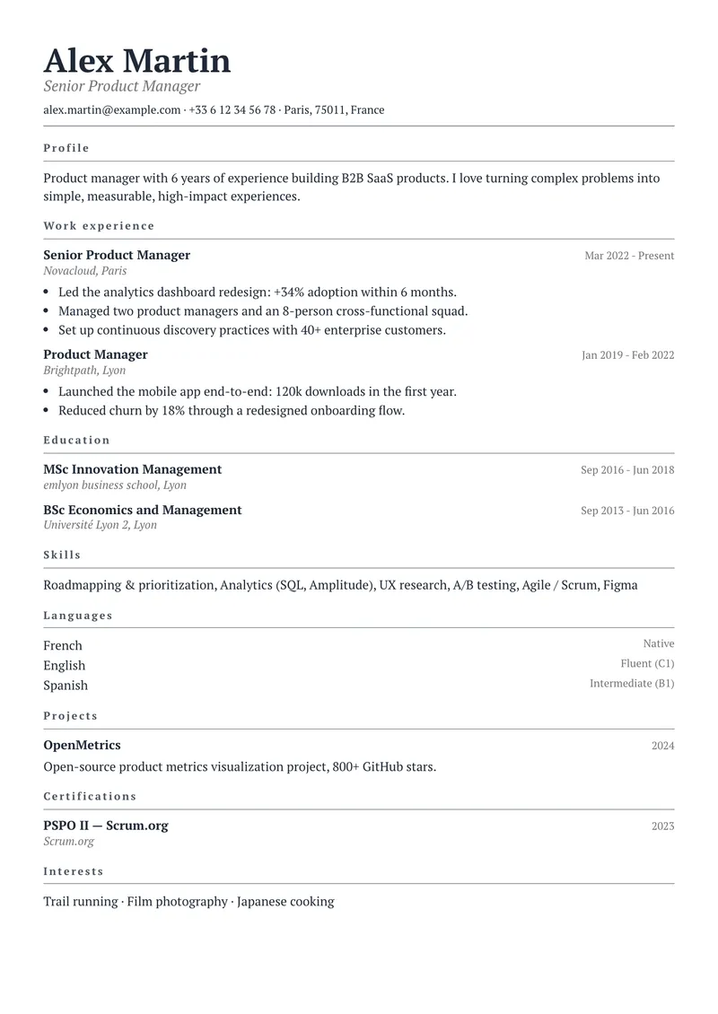Paper résumé template, simple family, single-column layout