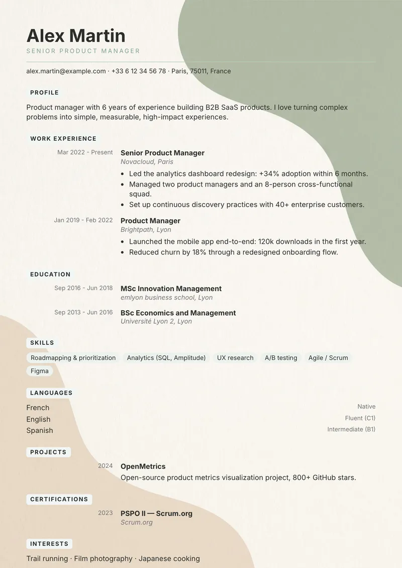 Pastel résumé template, creative family, single-column layout