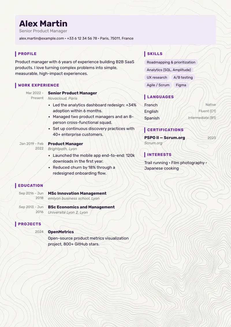 Prism résumé template, modern family, two-column layout