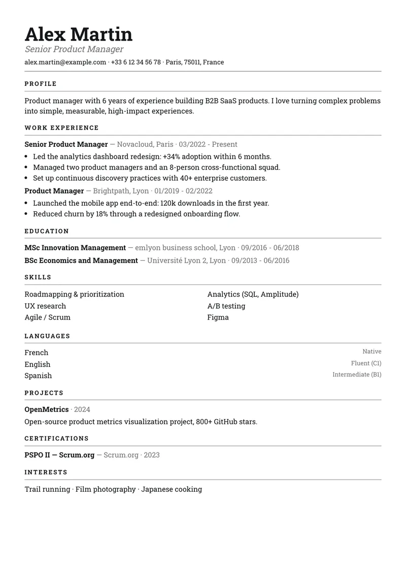 Ledger résumé template, simple family, single-column layout