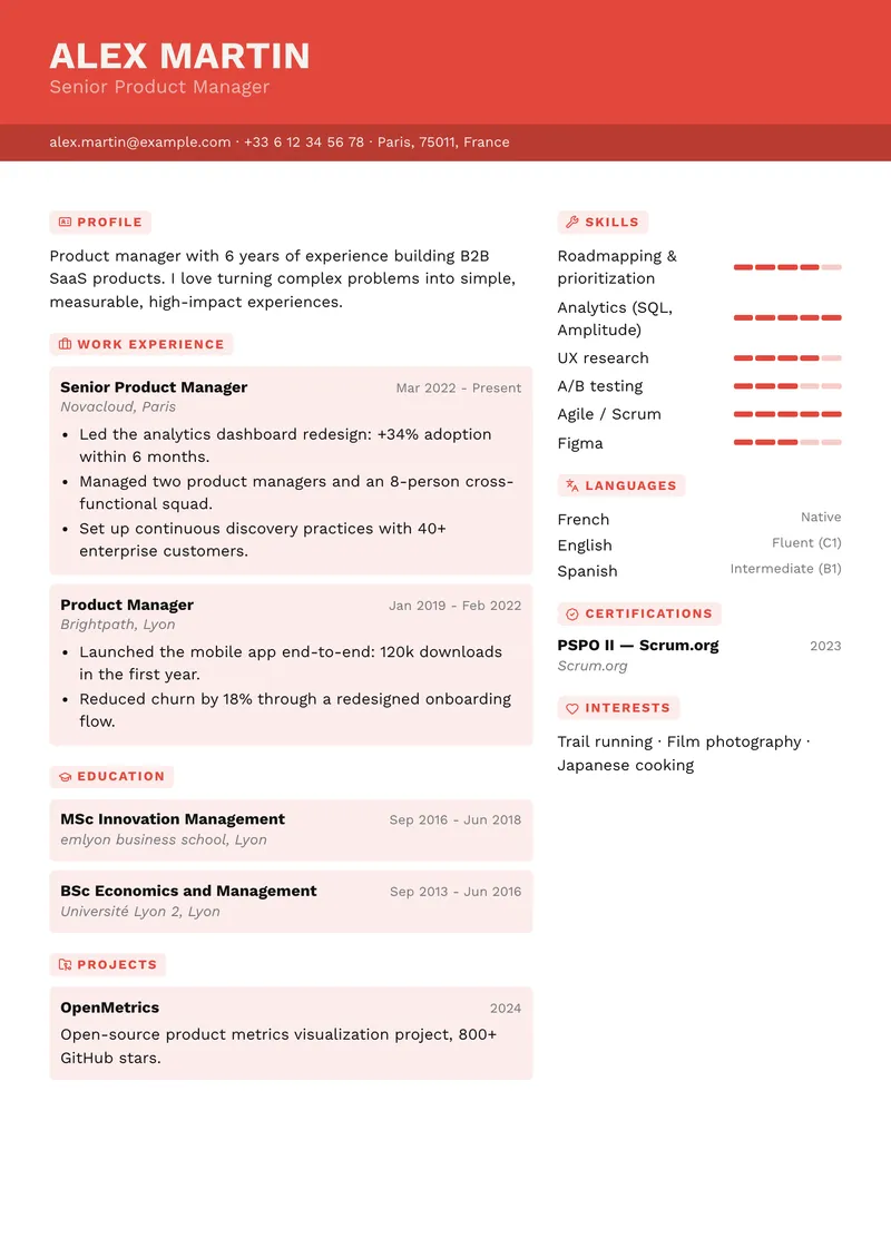 Signal résumé template, modern family, two-column layout