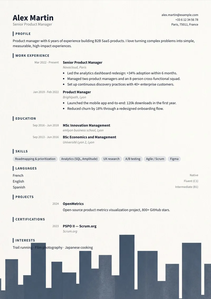 Skyline résumé template, modern family, single-column layout