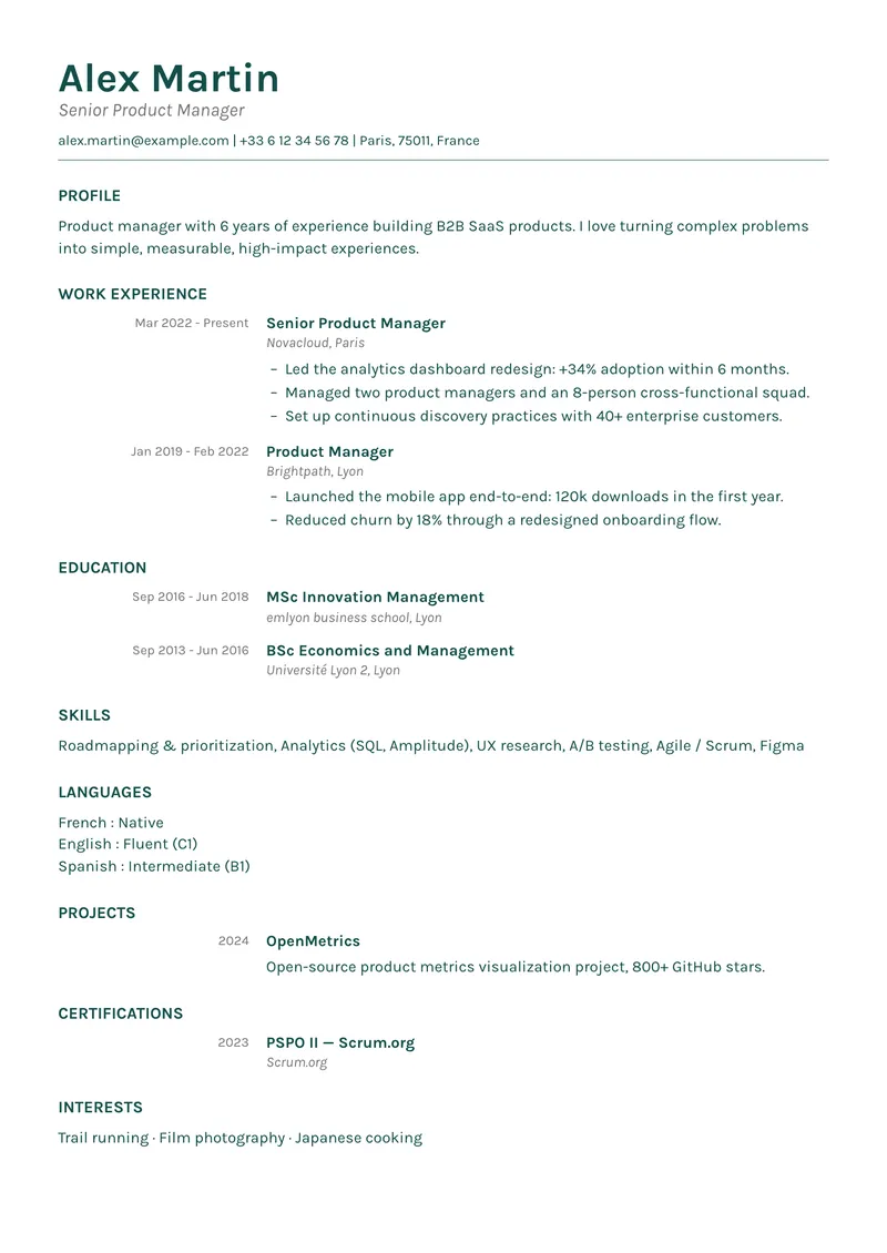 Understated résumé template, simple family, single-column layout