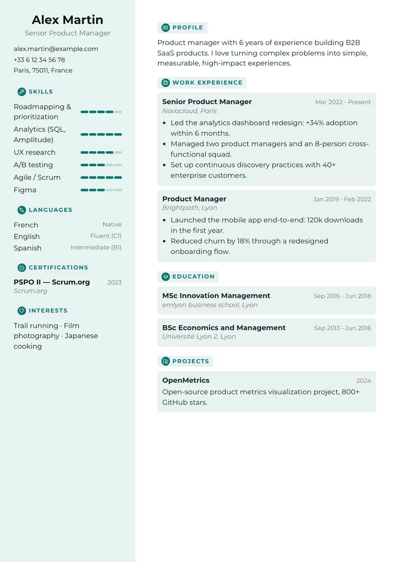 Studio résumé template, modern family, sidebar on the left