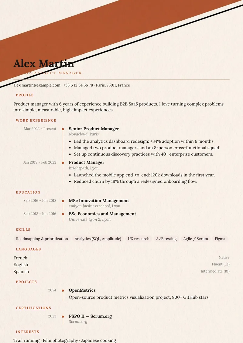 Terracotta résumé template, creative family, single-column layout