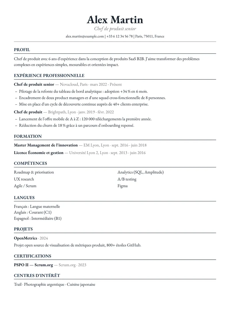 Modèle de CV Académie, famille classique, mise en page sur une colonne