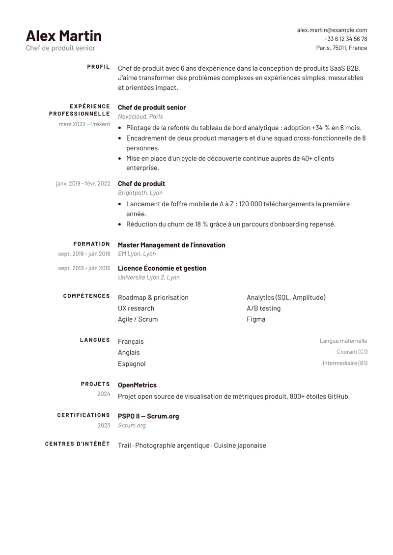 Modèle de CV Agence, famille simple, mise en page sur une colonne