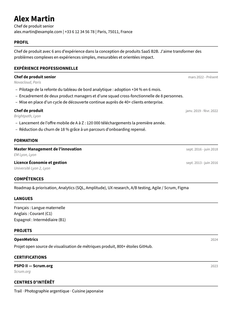 Modèle de CV ATS pur, famille simple, mise en page sur une colonne