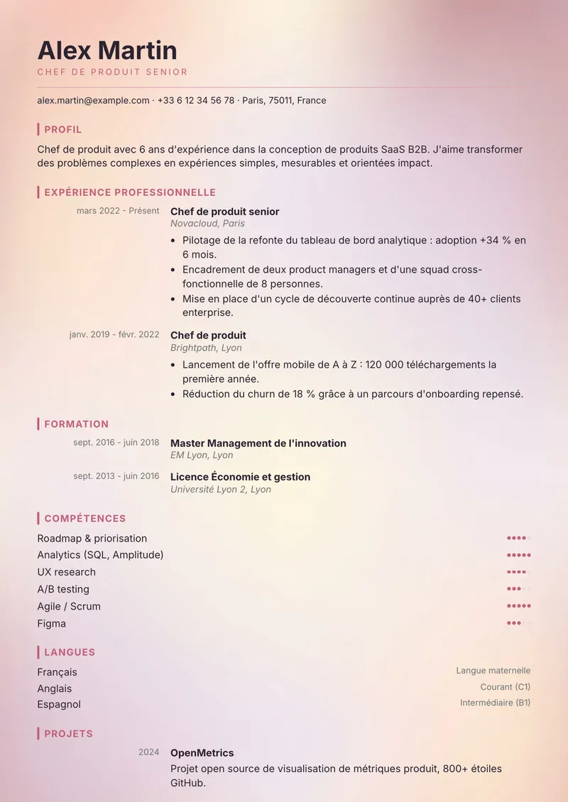 Modèle de CV Aurore, famille moderne, mise en page sur une colonne