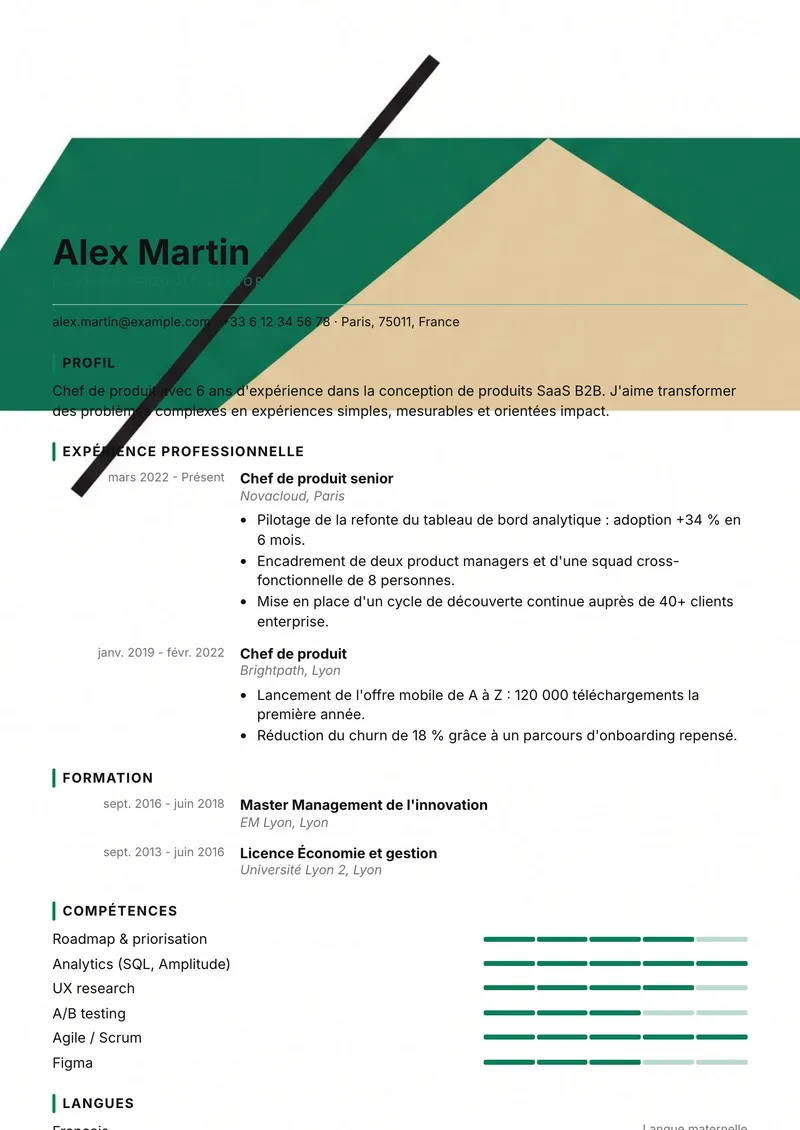Modèle de CV Bauhaus, famille moderne, mise en page sur une colonne