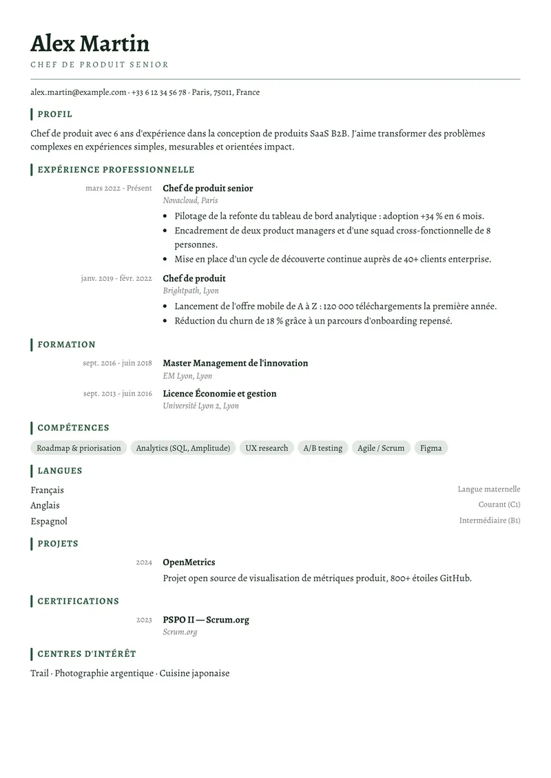 Modèle de CV Bibliothèque, famille classique, mise en page sur une colonne