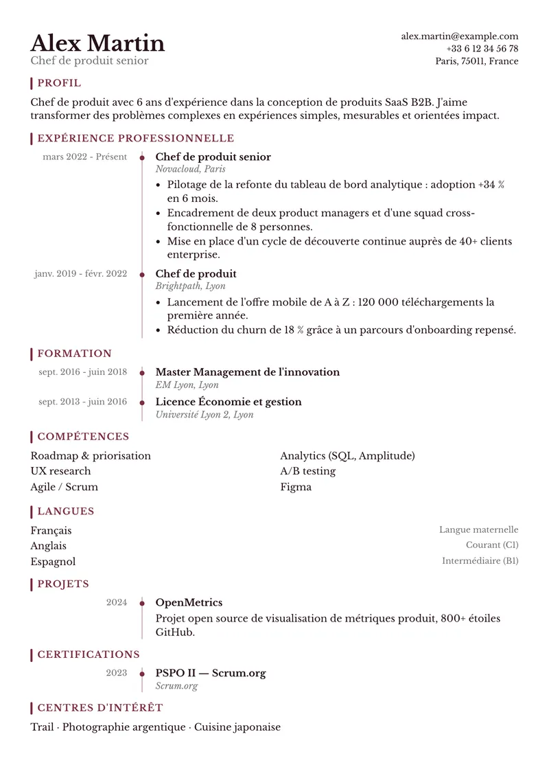 Modèle de CV Bordeaux, famille classique, mise en page sur une colonne