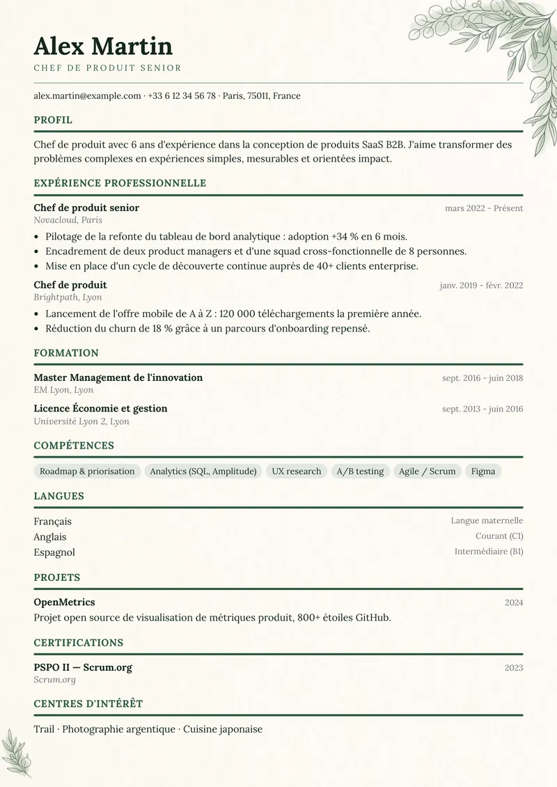 Modèle de CV Botanique, famille classique, mise en page sur une colonne