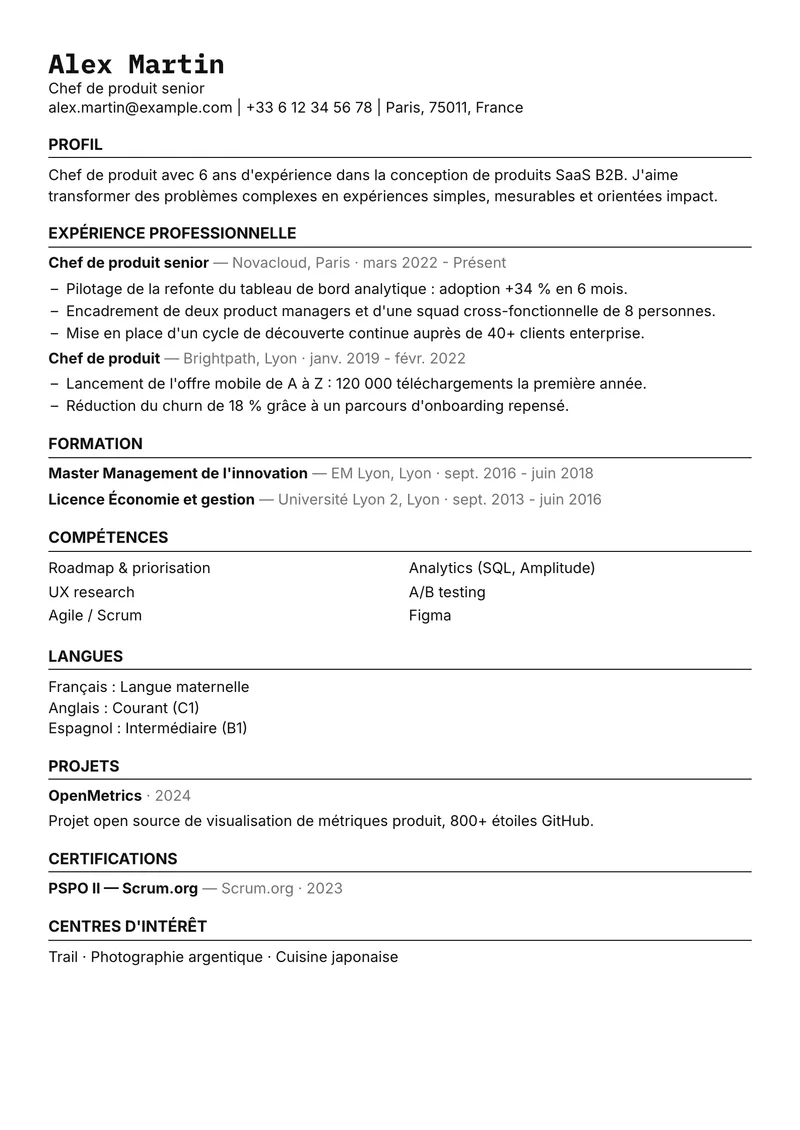 Modèle de CV Carbone, famille simple, mise en page sur une colonne