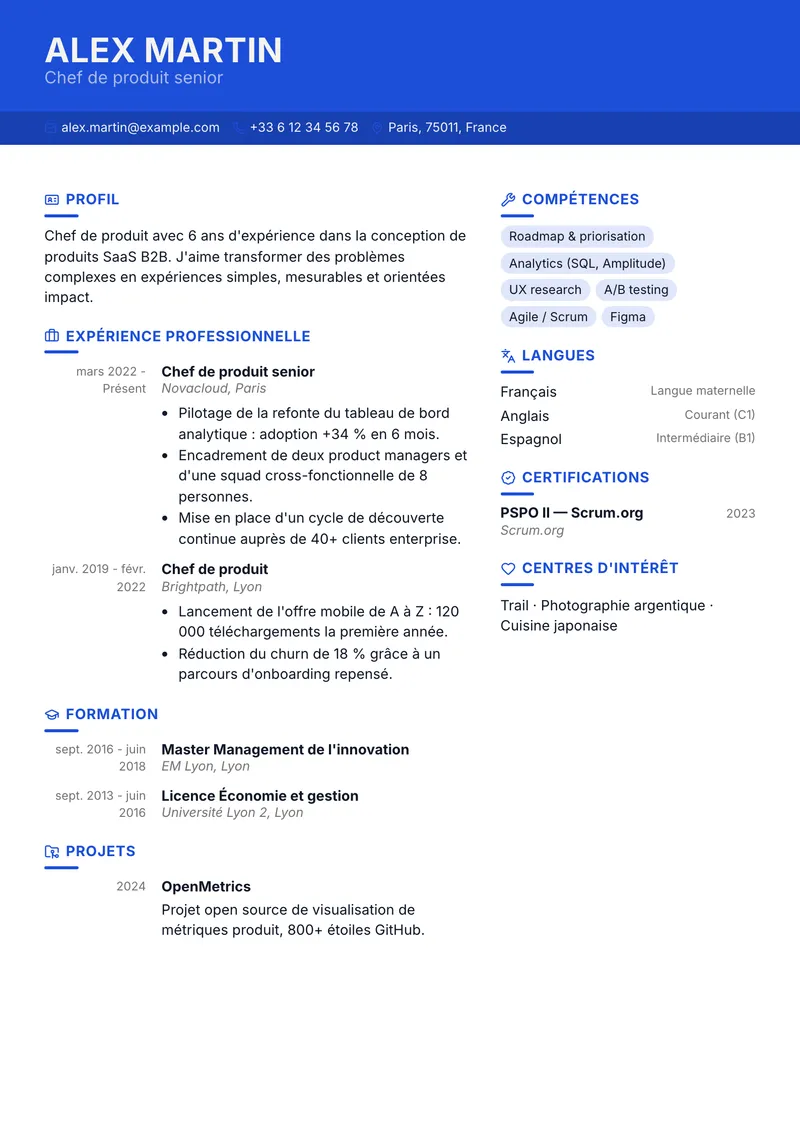 Modèle de CV Cobalt, famille moderne, mise en page sur deux colonnes