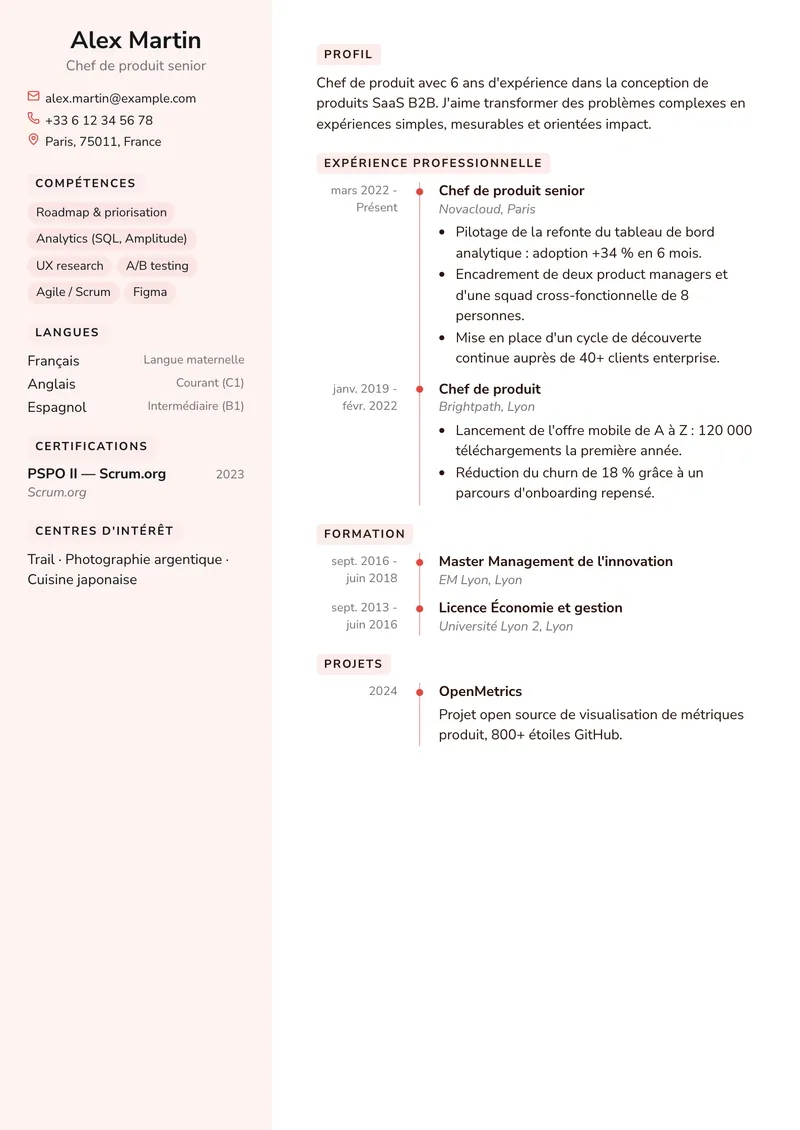 Modèle de CV Corail, famille créative, colonne latérale à gauche