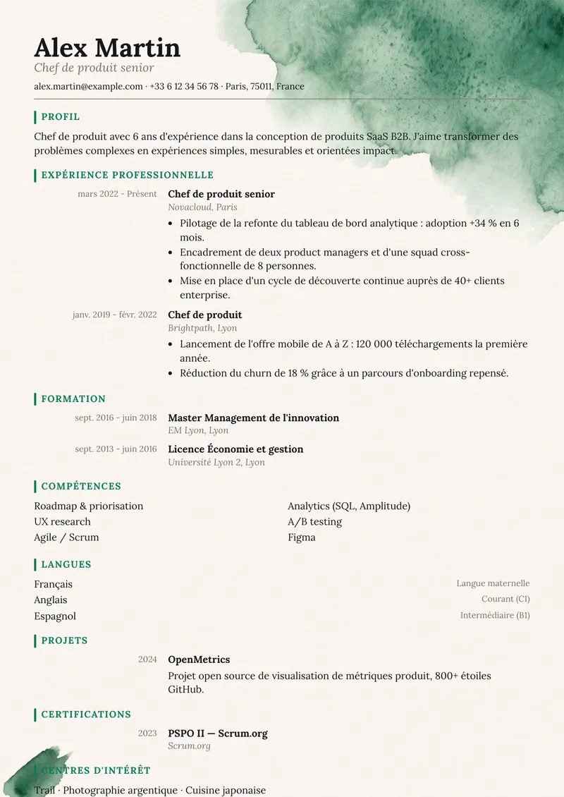 Modèle de CV Forêt, famille classique, mise en page sur une colonne